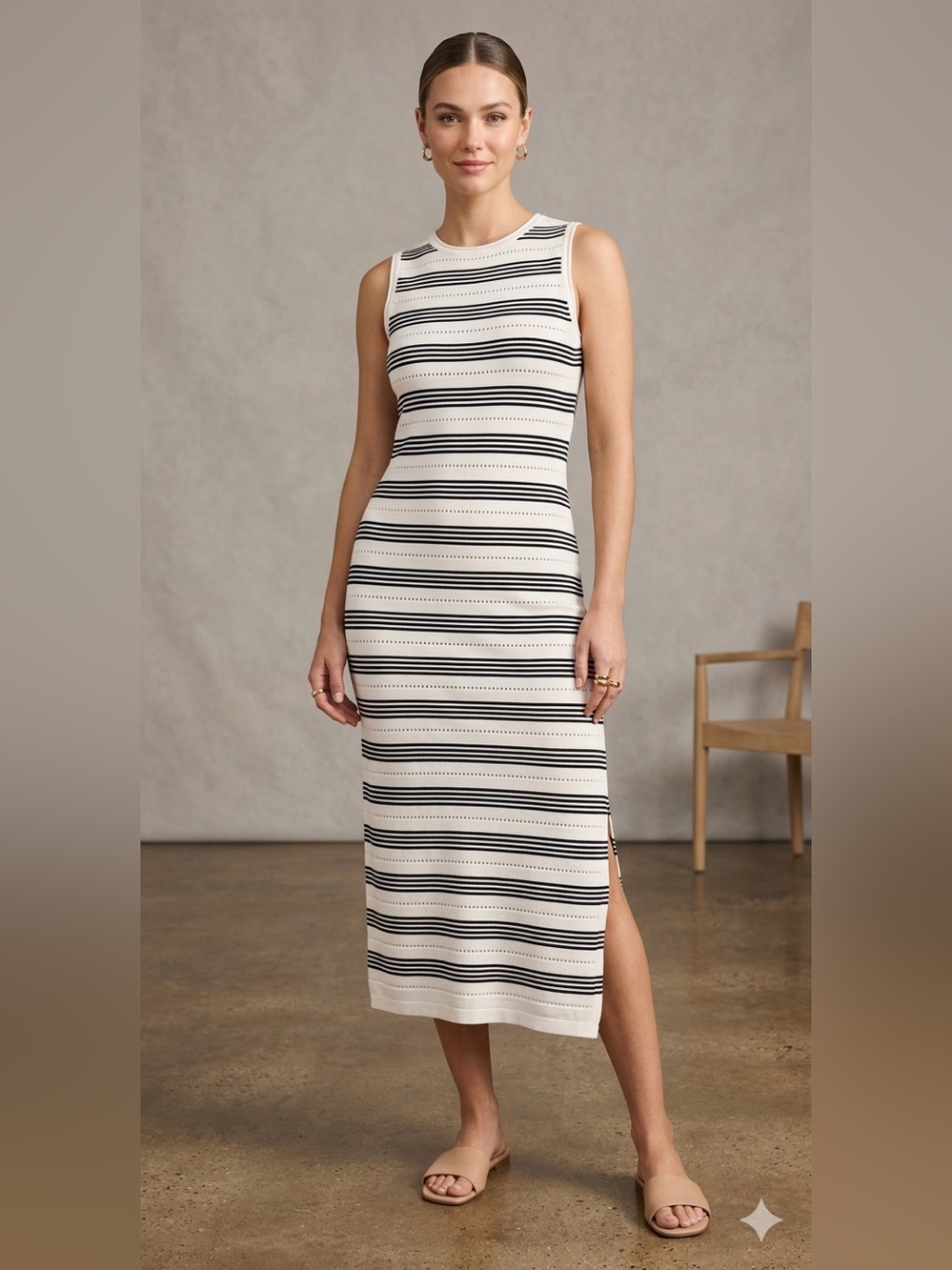 PrettyGarden Sleeveless Striped Midi Dress in Cream and Black